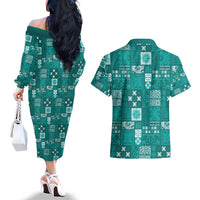 Vintage Hawaiian Quilting Patterns Couples Matching Off The Shoulder Long Sleeve Dress and Hawaiian Shirt Turquoise Style Tribal Fabric Patchwork - Polynesian Pride