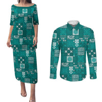 Vintage Hawaiian Quilting Patterns Couples Matching Puletasi and Long Sleeve Button Shirt Turquoise Style Tribal Fabric Patchwork LT9 Turquoise - Polynesian Pride