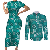 Vintage Hawaiian Quilting Patterns Couples Matching Short Sleeve Bodycon Dress and Long Sleeve Button Shirt Turquoise Style Tribal Fabric Patchwork - Polynesian Pride