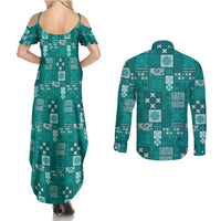 Vintage Hawaiian Quilting Patterns Couples Matching Summer Maxi Dress and Long Sleeve Button Shirt Turquoise Style Tribal Fabric Patchwork - Polynesian Pride