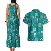 Vintage Hawaiian Quilting Patterns Couples Matching Tank Maxi Dress and Hawaiian Shirt Turquoise Style Tribal Fabric Patchwork - Polynesian Pride