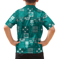 Vintage Hawaiian Quilting Patterns Family Matching Off The Shoulder Long Sleeve Dress and Hawaiian Shirt Turquoise Style Tribal Fabric Patchwork - Polynesian Pride