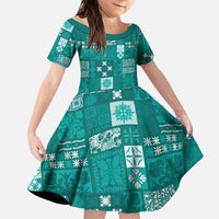 Vintage Hawaiian Quilting Patterns Family Matching Off The Shoulder Long Sleeve Dress and Hawaiian Shirt Turquoise Style Tribal Fabric Patchwork - Polynesian Pride