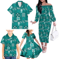 Vintage Hawaiian Quilting Patterns Family Matching Off The Shoulder Long Sleeve Dress and Hawaiian Shirt Turquoise Style Tribal Fabric Patchwork - Polynesian Pride