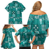 Vintage Hawaiian Quilting Patterns Family Matching Off Shoulder Short Dress and Hawaiian Shirt Turquoise Style Tribal Fabric Patchwork - Polynesian Pride