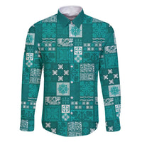 Vintage Hawaiian Quilting Patterns Family Matching Off Shoulder Short Dress and Hawaiian Shirt Turquoise Style Tribal Fabric Patchwork - Polynesian Pride