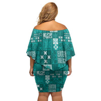 Vintage Hawaiian Quilting Patterns Family Matching Off Shoulder Short Dress and Hawaiian Shirt Turquoise Style Tribal Fabric Patchwork - Polynesian Pride