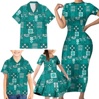 Vintage Hawaiian Quilting Patterns Family Matching Short Sleeve Bodycon Dress and Hawaiian Shirt Turquoise Style Tribal Fabric Patchwork - Polynesian Pride