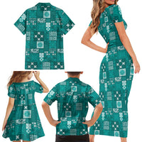 Vintage Hawaiian Quilting Patterns Family Matching Short Sleeve Bodycon Dress and Hawaiian Shirt Turquoise Style Tribal Fabric Patchwork - Polynesian Pride