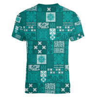 Vintage Hawaiian Quilting Patterns Women V-Neck T-Shirt Turquoise Style Tribal Fabric Patchwork - Polynesian Pride