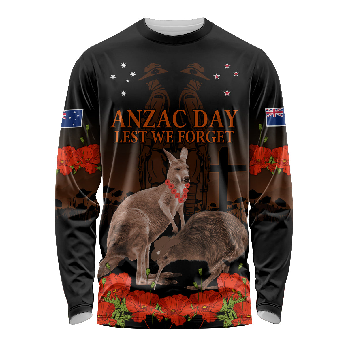 Kangaroo and Kiwi Bird ANZAC Day Custom Long Sleeve Shirt Soldier Style LT9 Unisex Black - Polynesian Pride