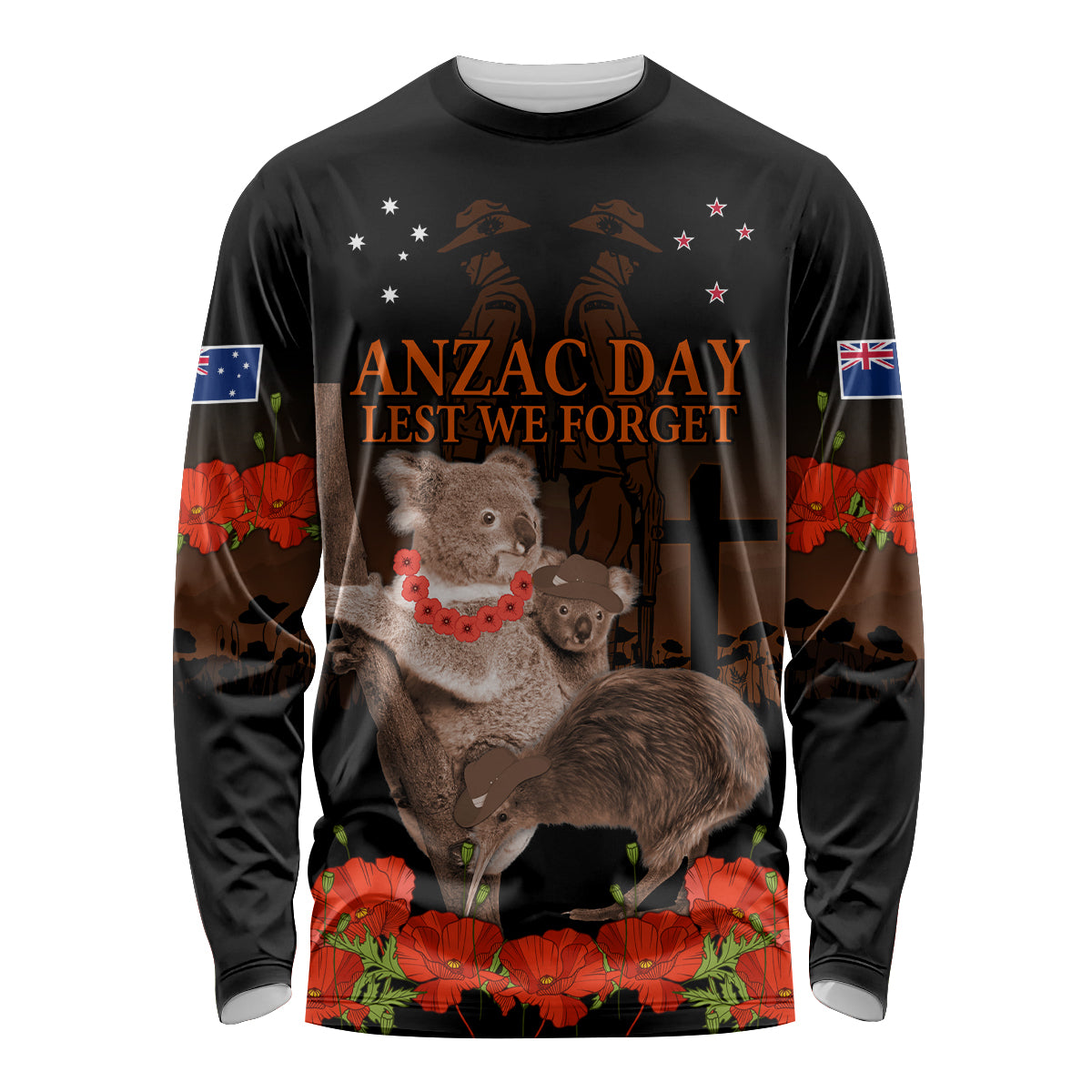Koala and Kiwi Bird ANZAC Day Custom Long Sleeve Shirt Soldier Style LT9 Unisex Black - Polynesian Pride