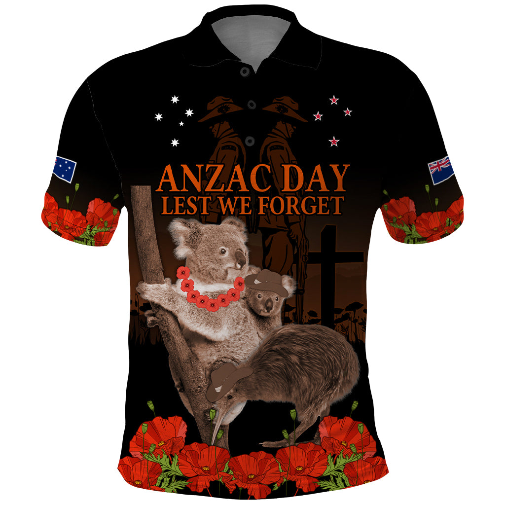Koala and Kiwi Bird ANZAC Day Custom Polo Shirt Soldier Style LT9 Black - Polynesian Pride