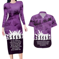 Anzac Day Gallipoli Personalised Couples Matching Long Sleeve Bodycon Dress and Hawaiian Shirt Purple Poppy Flowers