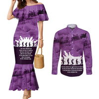 Anzac Day Gallipoli Personalised Couples Matching Mermaid Dress and Long Sleeve Button Shirt Purple Poppy Flowers
