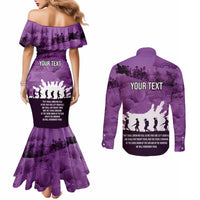 Anzac Day Gallipoli Personalised Couples Matching Mermaid Dress and Long Sleeve Button Shirt Purple Poppy Flowers