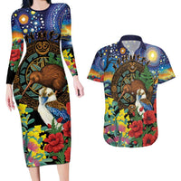Kiwi-Kookaburra Bird ANZAC Personalised Couples Matching Long Sleeve Bodycon Dress and Hawaiian Shirt Aussie Golden Wattle Poppy Flowers