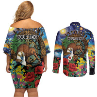Kiwi-Kookaburra Bird ANZAC Personalised Couples Matching Off Shoulder Short Dress and Long Sleeve Button Shirt Aussie Golden Wattle Poppy Flowers