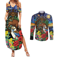 Kiwi-Kookaburra Bird ANZAC Personalised Couples Matching Summer Maxi Dress and Long Sleeve Button Shirt Aussie Golden Wattle Poppy Flowers
