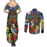 Kiwi-Kookaburra Bird ANZAC Personalised Couples Matching Summer Maxi Dress and Long Sleeve Button Shirt Aussie Golden Wattle Poppy Flowers