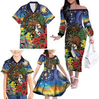 Kiwi-Kookaburra Bird ANZAC Personalised Family Matching Off The Shoulder Long Sleeve Dress and Hawaiian Shirt Aussie Golden Wattle Poppy Flowers