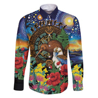 Kiwi-Kookaburra Bird ANZAC Personalised Family Matching Off The Shoulder Long Sleeve Dress and Hawaiian Shirt Aussie Golden Wattle Poppy Flowers