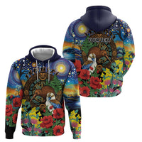 Kiwi-Kookaburra Bird ANZAC Personalised Hoodie Aussie Golden Wattle Poppy Flowers
