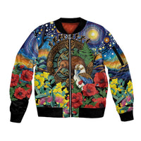 Kiwi-Kookaburra Bird ANZAC Personalised Sleeve Zip Bomber Jacket Aussie Golden Wattle Poppy Flowers