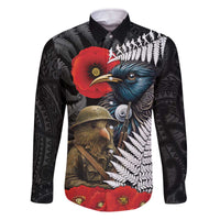 Kiwi-Tui Bird Soldier ANZAC Day Personalised Family Matching Off The Shoulder Long Sleeve Dress and Hawaiian Shirt Maori Silver Fern Motif LT9 Dad's Shirt - Long Sleeve Black - Polynesian Pride