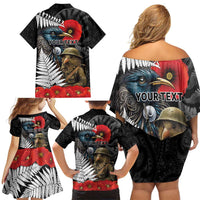 Kiwi-Tui Bird Soldier ANZAC Day Personalised Family Matching Off Shoulder Short Dress and Hawaiian Shirt Maori Silver Fern Motif