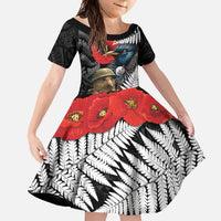 Kiwi-Tui Bird Soldier ANZAC Day Personalised Family Matching Short Sleeve Bodycon Dress and Hawaiian Shirt Maori Silver Fern Motif LT9 Daughter's Dress Black - Polynesian Pride