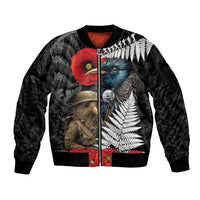 Kiwi-Tui Bird Soldier ANZAC Day Personalised Sleeve Zip Bomber Jacket Maori Silver Fern Motif