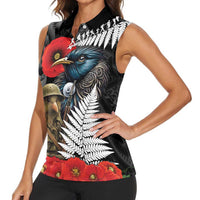 Kiwi-Tui Bird Soldier ANZAC Day Personalised Women Sleeveless Polo Shirt Maori Silver Fern Motif
