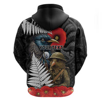 Kiwi-Tui Bird Soldier ANZAC Day Personalised Zip Hoodie Maori Silver Fern Motif