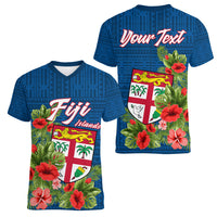 Personalised Fiji Women V Neck T Shirt Tropical Flowers and Tapa Pattern LT9 Female Blue - Polynesian Pride