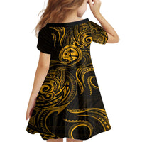 Polynesian Guam Coat of Arms Family Matching Off The Shoulder Long Sleeve Dress and Hawaiian Shirt Polynesian Tribal Tattoo Gold Version