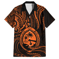 Polynesian Guam Coat of Arms Family Matching Off Shoulder Short Dress and Hawaiian Shirt Polynesian Tribal Tattoo Orange Version