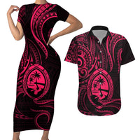 Polynesian Guam Coat of Arms Couples Matching Short Sleeve Bodycon Dress and Hawaiian Shirt Polynesian Tribal Tattoo Pink Version