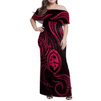 Polynesian Guam Coat of Arms Family Matching Off Shoulder Maxi Dress and Hawaiian Shirt Polynesian Tribal Tattoo Pink Version