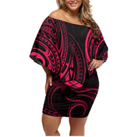 Polynesian Guam Coat of Arms Family Matching Off Shoulder Short Dress and Hawaiian Shirt Polynesian Tribal Tattoo Pink Version