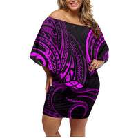 Polynesian Guam Coat of Arms Family Matching Off Shoulder Short Dress and Hawaiian Shirt Polynesian Tribal Tattoo Purple Version
