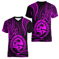 Polynesian Pride Guam Women V Neck T Shirt With Polynesian Tribal Tattoo and Coat of Arms Purple Version LT9 Female Purple - Polynesian Pride