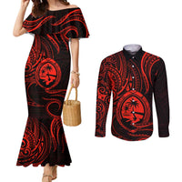 Polynesian Guam Coat of Arms Couples Matching Mermaid Dress and Long Sleeve Button Shirt Polynesian Tribal Tattoo Red Version