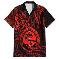 Polynesian Guam Coat of Arms Family Matching Off Shoulder Short Dress and Hawaiian Shirt Polynesian Tribal Tattoo Red Version