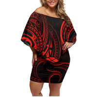 Polynesian Guam Coat of Arms Family Matching Off Shoulder Short Dress and Hawaiian Shirt Polynesian Tribal Tattoo Red Version
