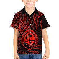 Polynesian Guam Coat of Arms Family Matching Short Sleeve Bodycon Dress and Hawaiian Shirt Polynesian Tribal Tattoo Red Version