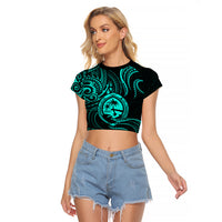 Polynesian Pride Guam Raglan Cropped T Shirt With Polynesian Tribal Tattoo and Coat of Arms Turquoise Version LT9 Female turquoise - Polynesian Pride