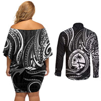 Polynesian Guam Coat of Arms Couples Matching Off Shoulder Short Dress and Long Sleeve Button Shirt Polynesian Tribal Tattoo Black Version