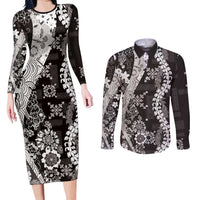 Hawaii Puakenikeni and Maile Lei Couples Matching Long Sleeve Bodycon Dress and Long Sleeve Button Shirt Black Japanese Wave Style - Polynesian Pride