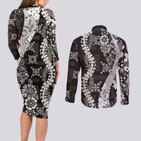 Hawaii Puakenikeni and Maile Lei Couples Matching Long Sleeve Bodycon Dress and Long Sleeve Button Shirt Black Japanese Wave Style - Polynesian Pride